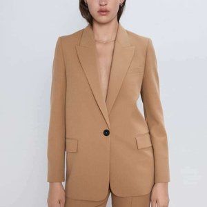Zara Blazer Suit Jacket L Camel Tan Flap Pockets